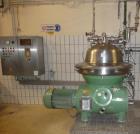 Used Westfalia SB-80-36-076 Desludger Disc Centrifuge. 316 stainless steel on product contact areas. Max bowl speed 4500 rpm, self-thinking solids discharge design, centripetal pump liquid discharge,...