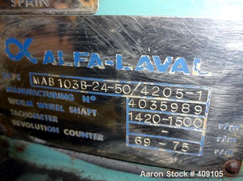 Used- Stainless Steel Alfa Laval Solid Bowl Disc Centrifuge,  MAB-103B-24-50/420