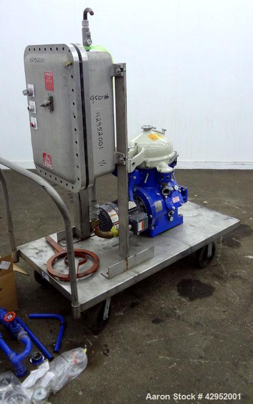 Used Alfa Laval MAB-104B-24 Solid Bowl Disc Centrifuge. 2205 Stainless steel construction (product contact areas). maximum bowl speed 7350 rpm, separator design (liquid/liquid/solid separation), alum...