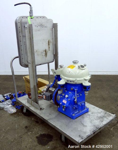 Used Alfa Laval MAB-104B-24 Solid Bowl Disc Centrifuge. 2205 Stainless steel construction (product contact areas). maximum bowl speed 7350 rpm, separator design (liquid/liquid/solid separation), alum...