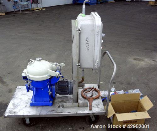 Used Alfa Laval MAB-104B-24 Solid Bowl Disc Centrifuge. 2205 Stainless steel construction (product contact areas). maximum bowl speed 7350 rpm, separator design (liquid/liquid/solid separation), alum...