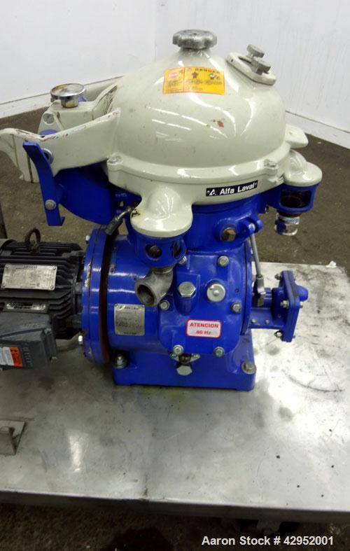 Used Alfa Laval MAB-104B-24 Solid Bowl Disc Centrifuge. 2205 Stainless steel construction (product contact areas). maximum bowl speed 7350 rpm, separator design (liquid/liquid/solid separation), alum...