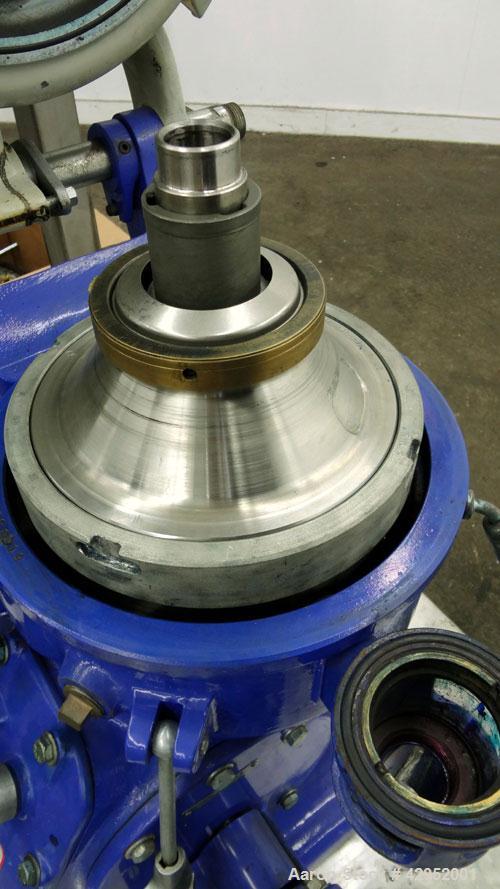 Used Alfa Laval MAB-104B-24 Solid Bowl Disc Centrifuge. 2205 Stainless steel construction (product contact areas). maximum bowl speed 7350 rpm, separator design (liquid/liquid/solid separation), alum...