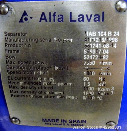 Used Alfa Laval MAB-104B-24 Solid Bowl Disc Centrifuge. 2205 Stainless steel construction (product contact areas). maximum bowl speed 7350 rpm, separator design (liquid/liquid/solid separation), alum...