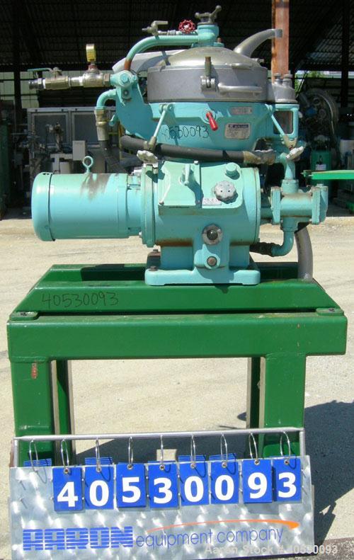 Used Alfa Laval Solid Bowl Disc Centrifuge, model MAB-206-S-24-60-HZ, 316 stainless steel. Maximum bowl speed 1700-1800 rpm. Aluminum top cover. Driven by a 5.6 kw (7.5 hp) 3/60/208-230/460 volt, 172...