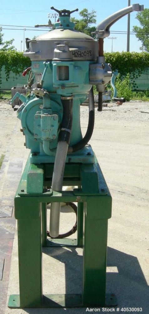 Used Alfa Laval Solid Bowl Disc Centrifuge, model MAB-206-S-24-60-HZ, 316 stainless steel. Maximum bowl speed 1700-1800 rpm. Aluminum top cover. Driven by a 5.6 kw (7.5 hp) 3/60/208-230/460 volt, 172...