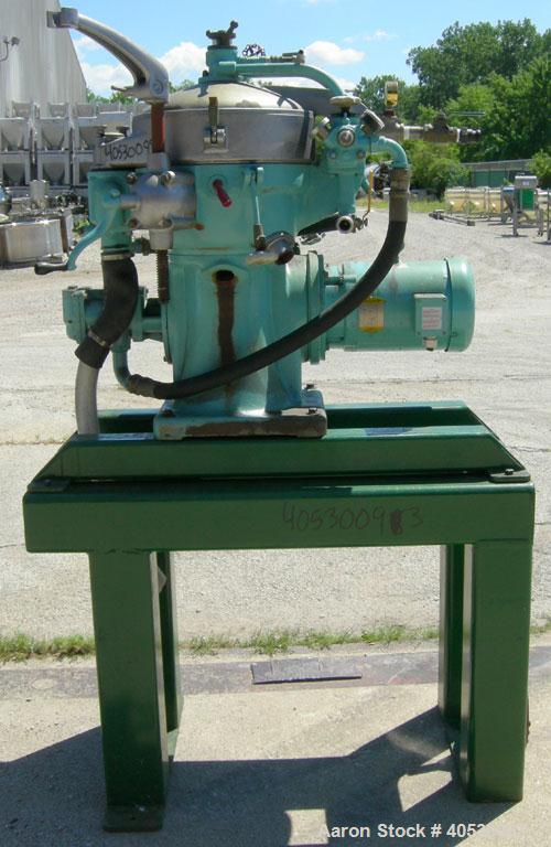 Used Alfa Laval Solid Bowl Disc Centrifuge, model MAB-206-S-24-60-HZ, 316 stainless steel. Maximum bowl speed 1700-1800 rpm. Aluminum top cover. Driven by a 5.6 kw (7.5 hp) 3/60/208-230/460 volt, 172...