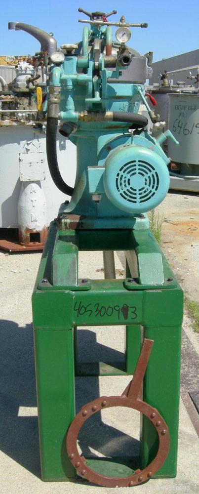Used Alfa Laval Solid Bowl Disc Centrifuge, model MAB-206-S-24-60-HZ, 316 stainless steel. Maximum bowl speed 1700-1800 rpm. Aluminum top cover. Driven by a 5.6 kw (7.5 hp) 3/60/208-230/460 volt, 172...