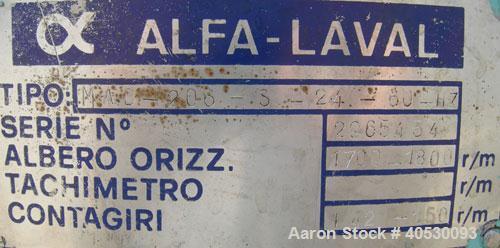 Used Alfa Laval Solid Bowl Disc Centrifuge, model MAB-206-S-24-60-HZ, 316 stainless steel. Maximum bowl speed 1700-1800 rpm. Aluminum top cover. Driven by a 5.6 kw (7.5 hp) 3/60/208-230/460 volt, 172...