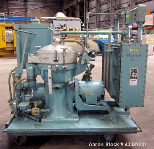 Used Alfa Laval MAB-206S-29-60 Solid Bowl Disc Centrifuge. 316 Stainless steel product contact areas, purifier design, maximum bowl speed 1700-1800 rpm, 10 hp drive motor, aluminum casing, centrifuge...