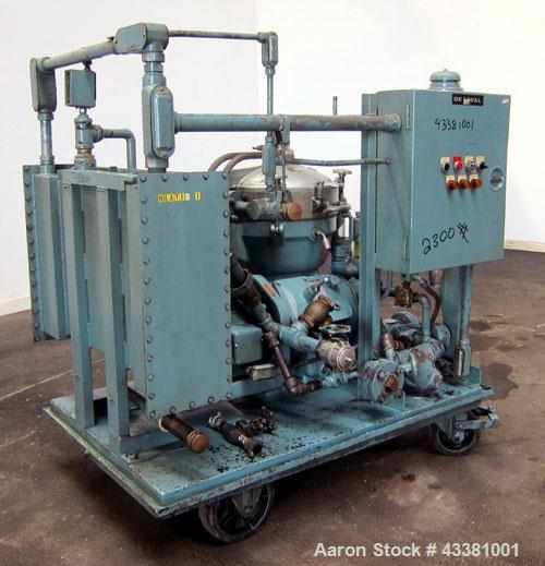 Used Alfa Laval MAB-206S-29-60 Solid Bowl Disc Centrifuge. 316 Stainless steel product contact areas, purifier design, maximum bowl speed 1700-1800 rpm, 10 hp drive motor, aluminum casing, centrifuge...