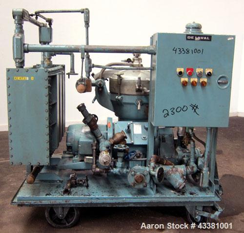 Used Alfa Laval MAB-206S-29-60 Solid Bowl Disc Centrifuge. 316 Stainless steel product contact areas, purifier design, maximum bowl speed 1700-1800 rpm, 10 hp drive motor, aluminum casing, centrifuge...