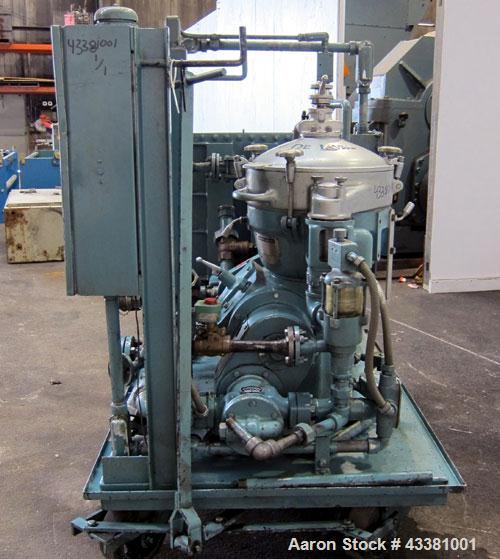 Used Alfa Laval MAB-206S-29-60 Solid Bowl Disc Centrifuge. 316 Stainless steel product contact areas, purifier design, maximum bowl speed 1700-1800 rpm, 10 hp drive motor, aluminum casing, centrifuge...