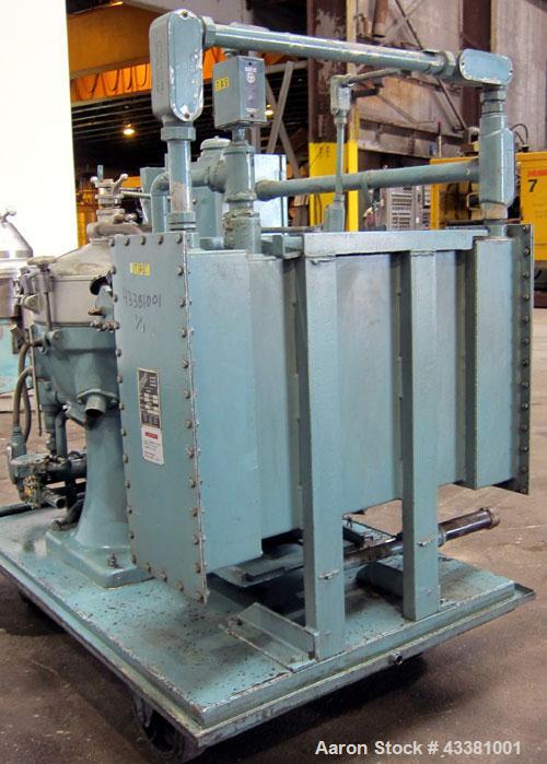 Used Alfa Laval MAB-206S-29-60 Solid Bowl Disc Centrifuge. 316 Stainless steel product contact areas, purifier design, maximum bowl speed 1700-1800 rpm, 10 hp drive motor, aluminum casing, centrifuge...
