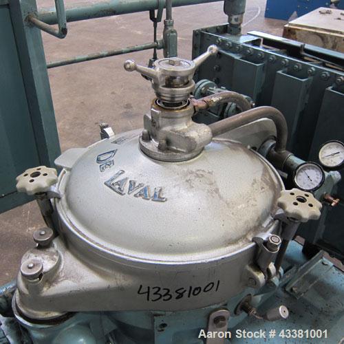 Used Alfa Laval MAB-206S-29-60 Solid Bowl Disc Centrifuge. 316 Stainless steel product contact areas, purifier design, maximum bowl speed 1700-1800 rpm, 10 hp drive motor, aluminum casing, centrifuge...