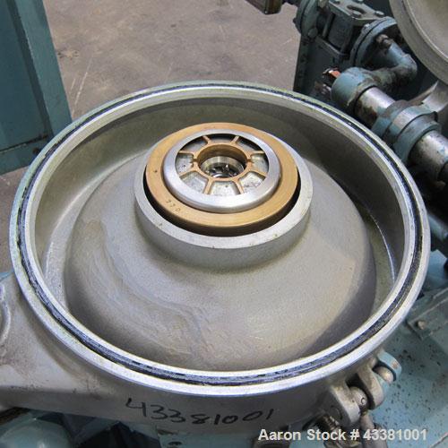 Used Alfa Laval MAB-206S-29-60 Solid Bowl Disc Centrifuge. 316 Stainless steel product contact areas, purifier design, maximum bowl speed 1700-1800 rpm, 10 hp drive motor, aluminum casing, centrifuge...