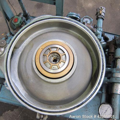 Used Alfa Laval MAB-206S-29-60 Solid Bowl Disc Centrifuge. 316 Stainless steel product contact areas, purifier design, maximum bowl speed 1700-1800 rpm, 10 hp drive motor, aluminum casing, centrifuge...