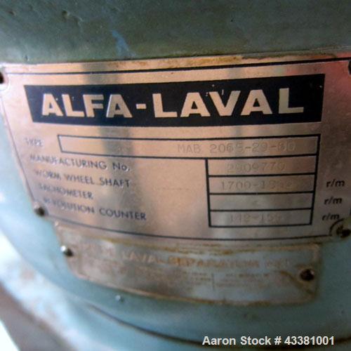 Used Alfa Laval MAB-206S-29-60 Solid Bowl Disc Centrifuge. 316 Stainless steel product contact areas, purifier design, maximum bowl speed 1700-1800 rpm, 10 hp drive motor, aluminum casing, centrifuge...