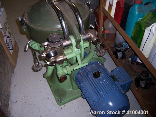 Used Alfa Laval MAB-206 Solid Bowl Disc Centrifuge. Stainless steel/aluminum construction, separator design, 1 hp drive motor 220/440/3/60. Unit reported to be fully reconditioned.