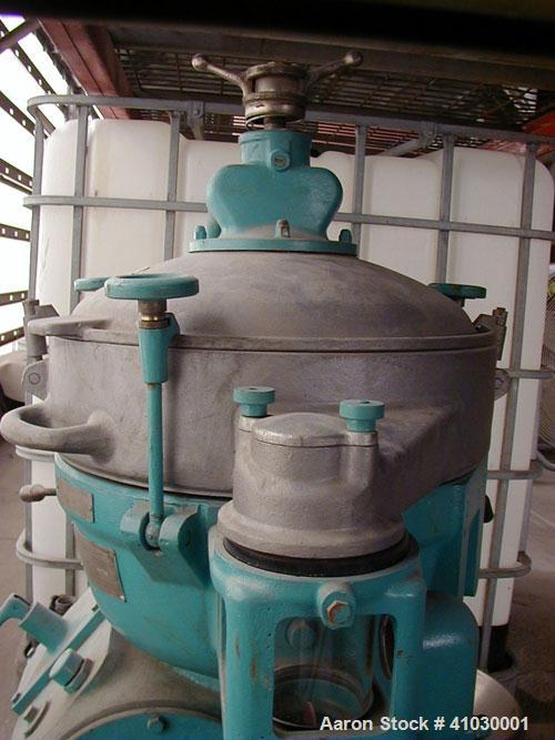 Used-Alfa Laval MAB-207 Solid Bowl Disc Centrifuge. 316 stainless steel/aluminum construction, max bowl speed 5100 rpm, sepa...