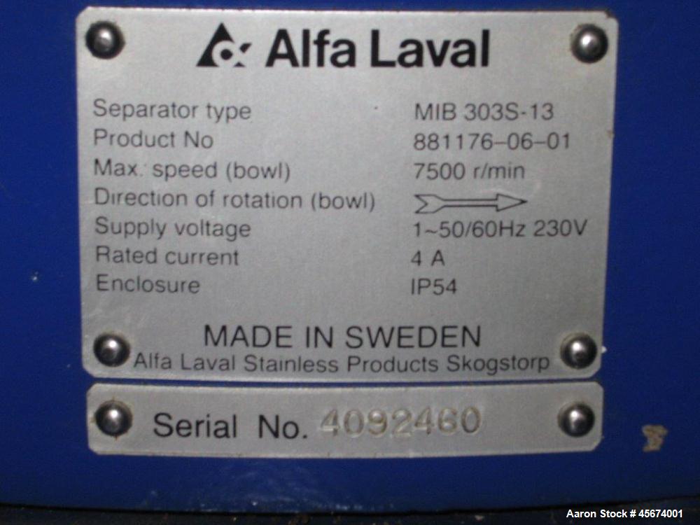 Used- Alfa Laval MIB-303S-13 Solid Bowl Disc Centrifuge