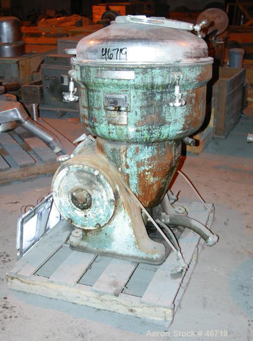 USED: Alfa Laval disc centrifuge, model SRG214H-14H-60/391.9-7. 316 stainless steel product contact areas. Direct driven by a 20 hp, 3/60/460 volt 1740 rpm motor. Unit requires feed pipe, centrifugal...