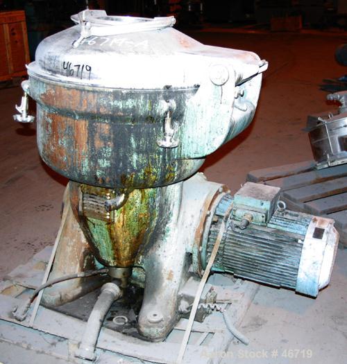 USED: Alfa Laval disc centrifuge, model SRG214H-14H-60/391.9-7. 316 stainless steel product contact areas. Direct driven by a 20 hp, 3/60/460 volt 1740 rpm motor. Unit requires feed pipe, centrifugal...