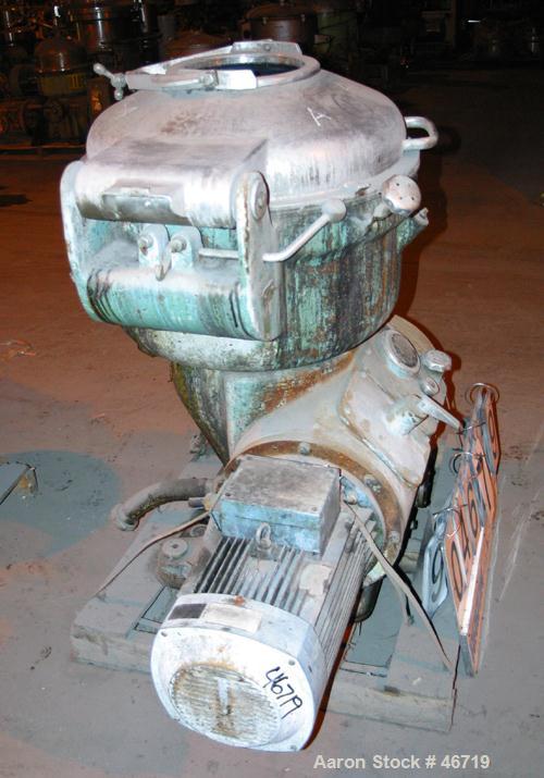 USED: Alfa Laval disc centrifuge, model SRG214H-14H-60/391.9-7. 316 stainless steel product contact areas. Direct driven by a 20 hp, 3/60/460 volt 1740 rpm motor. Unit requires feed pipe, centrifugal...