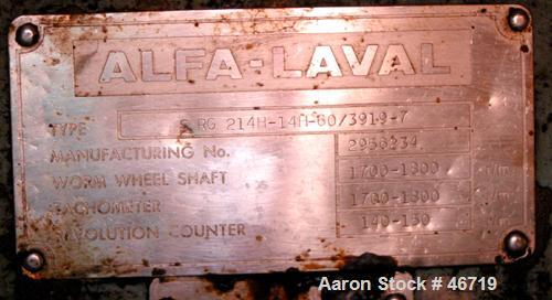 USED: Alfa Laval disc centrifuge, model SRG214H-14H-60/391.9-7. 316 stainless steel product contact areas. Direct driven by a 20 hp, 3/60/460 volt 1740 rpm motor. Unit requires feed pipe, centrifugal...
