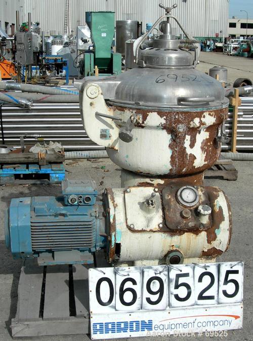 Used Alfa-Laval Model TGV-214H Solid Bowl Disc Centrifuge. 329 Stainless steel construction (product contact areas). Separator design, bottom feed, centripetal pump liquid discharge. Direct drive con...