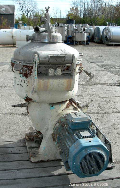 Used Alfa-Laval Model TGV-214H Solid Bowl Disc Centrifuge. 329 Stainless steel construction (product contact areas). Separator design, bottom feed, centripetal pump liquid discharge. Direct drive con...