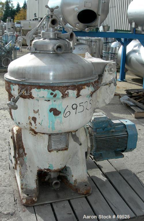 Used Alfa-Laval Model TGV-214H Solid Bowl Disc Centrifuge. 329 Stainless steel construction (product contact areas). Separator design, bottom feed, centripetal pump liquid discharge. Direct drive con...
