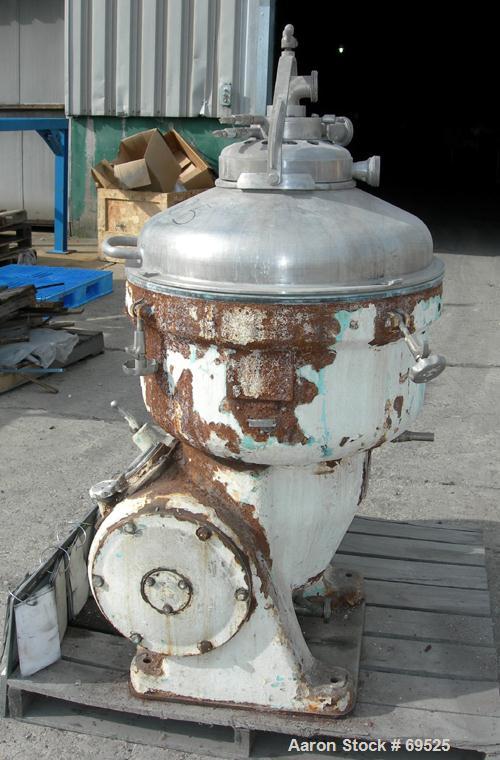 Used Alfa-Laval Model TGV-214H Solid Bowl Disc Centrifuge. 329 Stainless steel construction (product contact areas). Separator design, bottom feed, centripetal pump liquid discharge. Direct drive con...