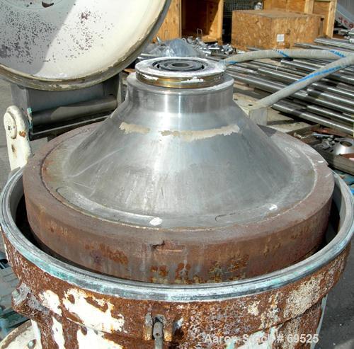 Used Alfa-Laval Model TGV-214H Solid Bowl Disc Centrifuge. 329 Stainless steel construction (product contact areas). Separator design, bottom feed, centripetal pump liquid discharge. Direct drive con...