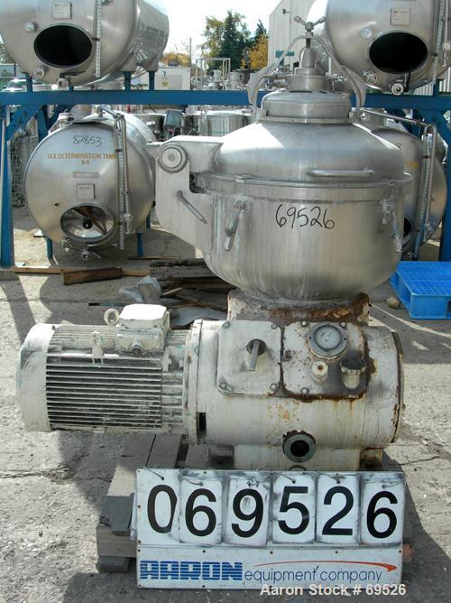 USED: Alfa-Laval model TGV-214H solid bowl disc centrifuge, 316 stainless steel construction (product contact areas). Separator design, bottom feed, centripetal pump liquid discharge. Direct drive co...