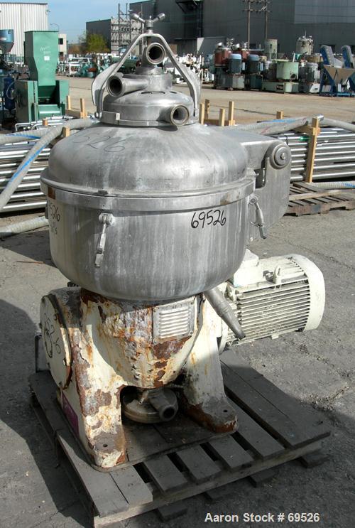 USED: Alfa-Laval model TGV-214H solid bowl disc centrifuge, 316 stainless steel construction (product contact areas). Separator design, bottom feed, centripetal pump liquid discharge. Direct drive co...