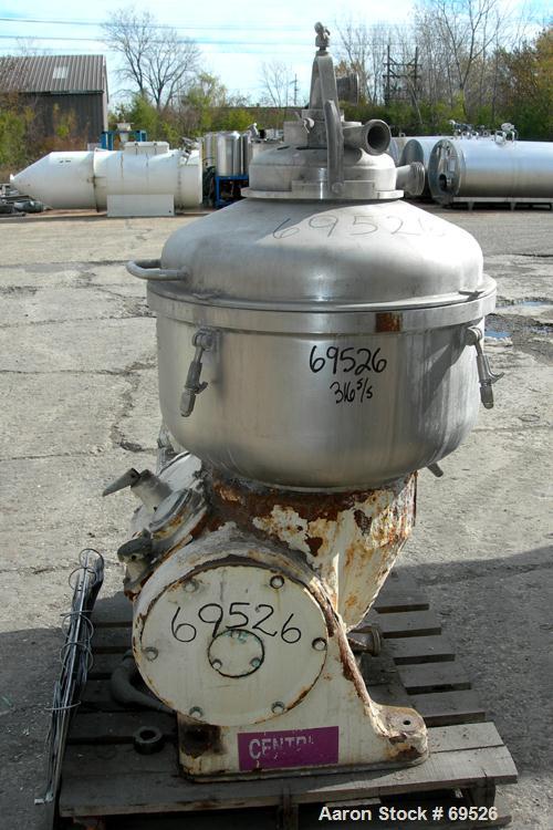 USED: Alfa-Laval model TGV-214H solid bowl disc centrifuge, 316 stainless steel construction (product contact areas). Separator design, bottom feed, centripetal pump liquid discharge. Direct drive co...