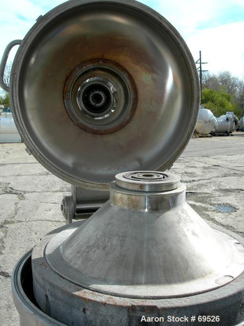 USED: Alfa-Laval model TGV-214H solid bowl disc centrifuge, 316 stainless steel construction (product contact areas). Separator design, bottom feed, centripetal pump liquid discharge. Direct drive co...