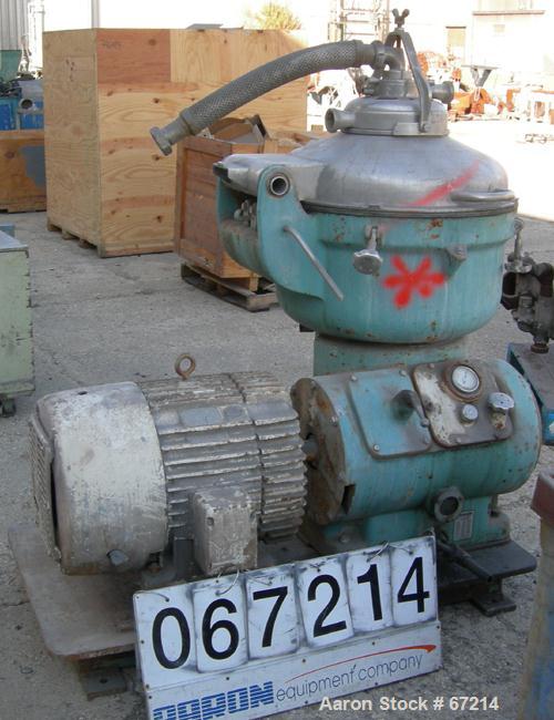 USED: Alfa Laval TVB-214H-15-21-60 solid bowl disc centrifuge. 316 stainless steel construction, separator design, coupled drive, sub-base, 15 hp drive motor 440/3/60/1790 rpm.