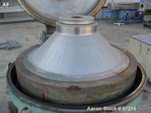 USED: Alfa Laval TVB-214H-15-21-60 solid bowl disc centrifuge. 316 stainless steel construction, separator design, coupled drive, sub-base, 15 hp drive motor 440/3/60/1790 rpm.