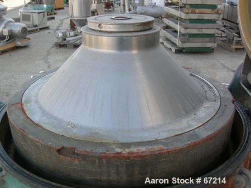 USED: Alfa Laval TVB-214H-15-21-60 solid bowl disc centrifuge. 316 stainless steel construction, separator design, coupled drive, sub-base, 15 hp drive motor 440/3/60/1790 rpm.