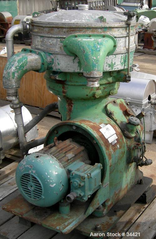 Used Alfa-Laval VIB-1919FE Oil Purifier, 304 Stainless Steel. Maximum bowl speed 1500 rpm, 7.5 hp motor, 380/3/50/1440 rpm.