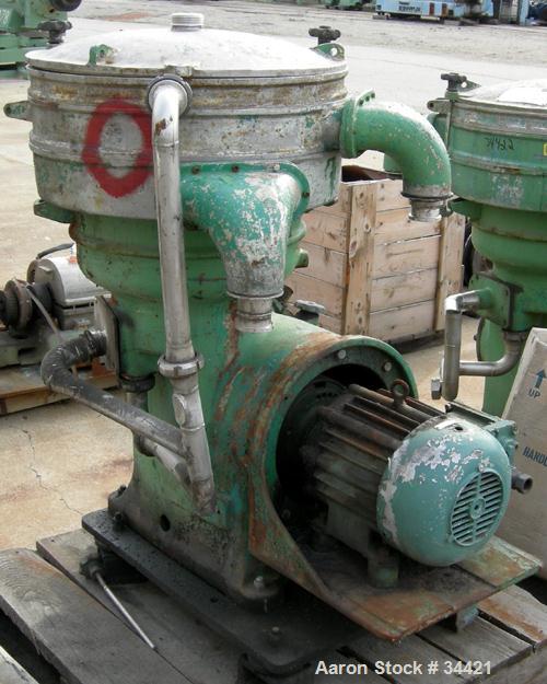 Used Alfa-Laval VIB-1919FE Oil Purifier, 304 Stainless Steel. Maximum bowl speed 1500 rpm, 7.5 hp motor, 380/3/50/1440 rpm.