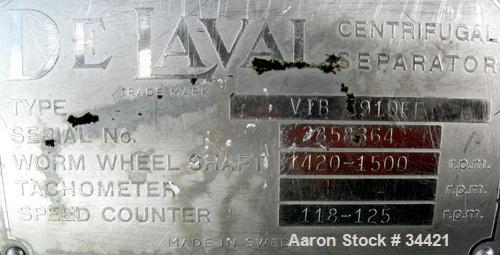 Used Alfa-Laval VIB-1919FE Oil Purifier, 304 Stainless Steel. Maximum bowl speed 1500 rpm, 7.5 hp motor, 380/3/50/1440 rpm.