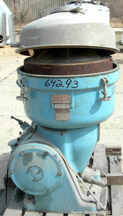 USED: Alfa-Laval BRH-214-34H-12 solid bowl disc centrifuge. 329 stainless steel construction (product contact areas), max bowl speed 4500 rpm, clarifier design, bottom feed, hermetic design, centrifu...