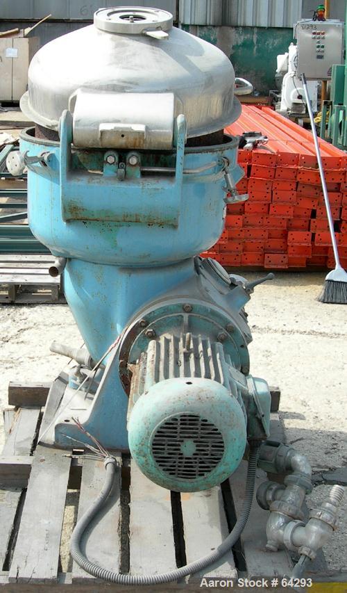 USED: Alfa-Laval BRH-214-34H-12 solid bowl disc centrifuge. 329 stainless steel construction (product contact areas), max bowl speed 4500 rpm, clarifier design, bottom feed, hermetic design, centrifu...