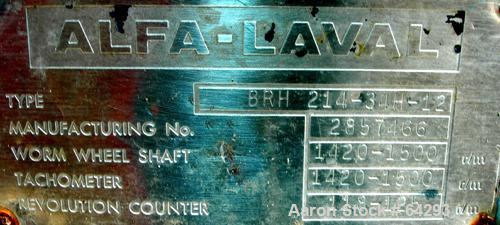 USED: Alfa-Laval BRH-214-34H-12 solid bowl disc centrifuge. 329 stainless steel construction (product contact areas), max bowl speed 4500 rpm, clarifier design, bottom feed, hermetic design, centrifu...