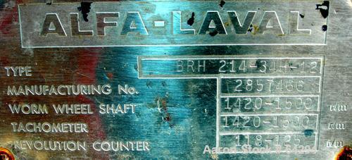 Used Stainless Steel Alfa-Laval Solid Bowl Disc Centrifuge. BRH-214-34H-12  