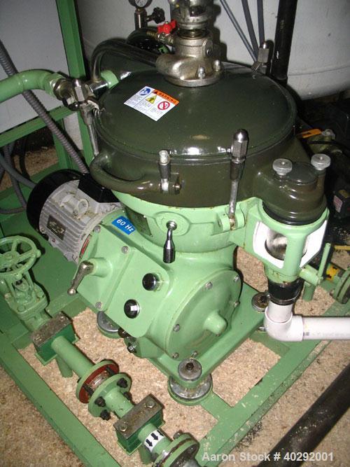 Used Delaval model MAB-205 solid bowl disc centrifuge, 316 stainless steel/aluminum construction on product contact areas. 8200 max bowl speed, purifier/clarifier design, light phase centripetal pump...