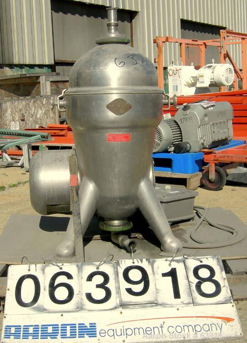 USED: Delaval 375 solid bowl disc centrifuge, 316 stainless steel construction, clarifier design, bottom feed, tri-pod frame, direct drive, approximate 3 hp drive motor, start/stop control.